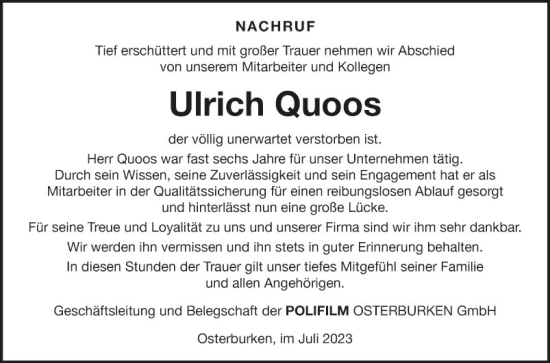 Traueranzeige von Ulrich Quoos von Fränkische Nachrichten