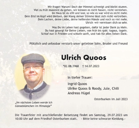 Traueranzeige von Ulrich Quoos von Fränkische Nachrichten