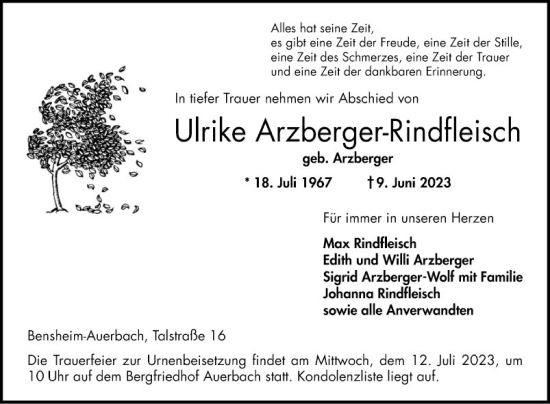 Traueranzeige von Ulrike Arzberger-Rindfleisch von Bergsträßer Anzeiger