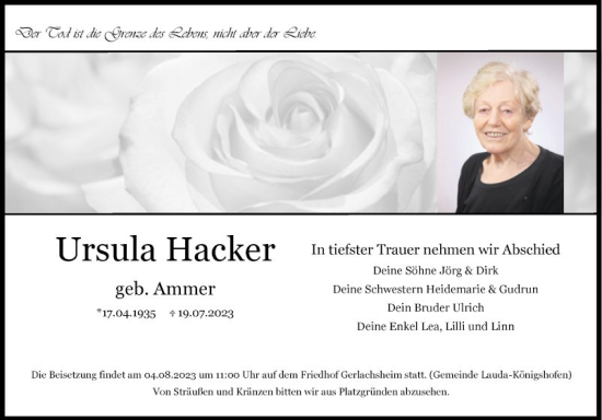 Traueranzeige von Ursula Hacker von Fränkische Nachrichten