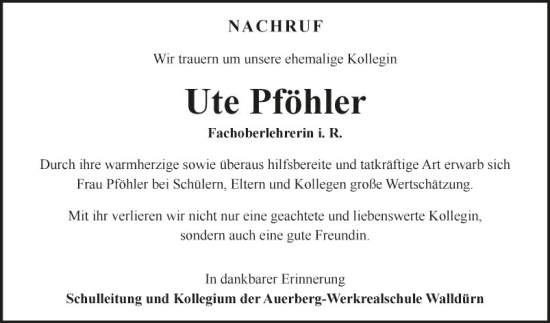 Traueranzeige von Ute Pföhler von Fränkische Nachrichten