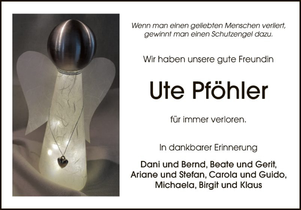  Traueranzeige für Ute Pföhler vom 26.07.2023 aus Fränkische Nachrichten