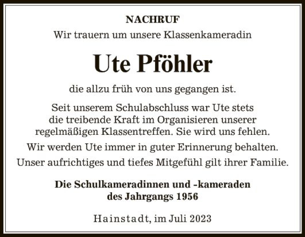  Traueranzeige für Ute Pföhler vom 27.07.2023 aus Fränkische Nachrichten