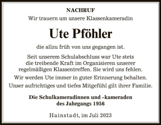 Traueranzeige von Ute Pföhler von Fränkische Nachrichten