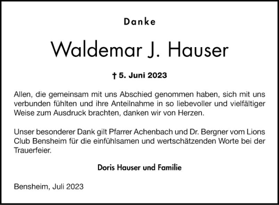 Traueranzeige von Waldemar J. Hauser von Bergsträßer Anzeiger