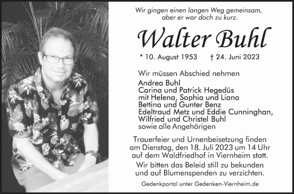  Traueranzeige für Walter Buhl vom 12.07.2023 aus Mannheimer Morgen