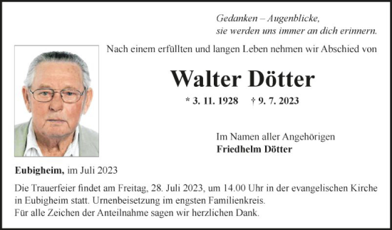 Traueranzeige von Walter Dötter von Fränkische Nachrichten