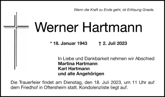 Traueranzeige von Werner Hartmann von Schwetzinger Zeitung