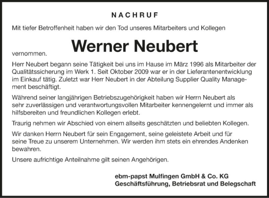 Traueranzeige von Werner Neubert von Fränkische Nachrichten