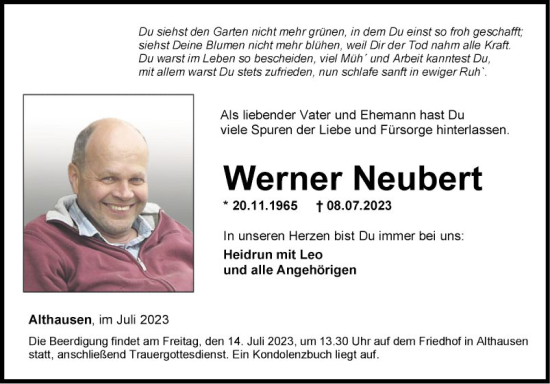 Traueranzeige von Werner Neubert von Fränkische Nachrichten