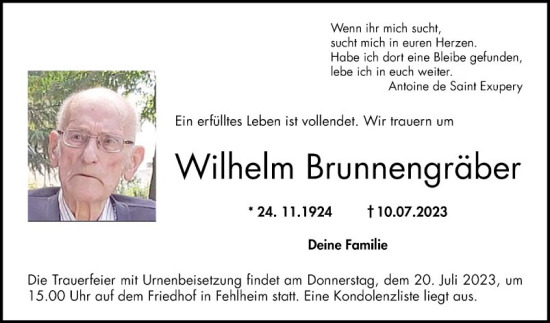 Traueranzeige von Wilhelm Brunnengräber von Bergsträßer Anzeiger