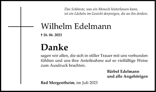 Traueranzeige von Wilhelm Edelmann von Fränkische Nachrichten