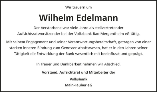 Traueranzeige von Wilhelm Edelmann von Fränkische Nachrichten