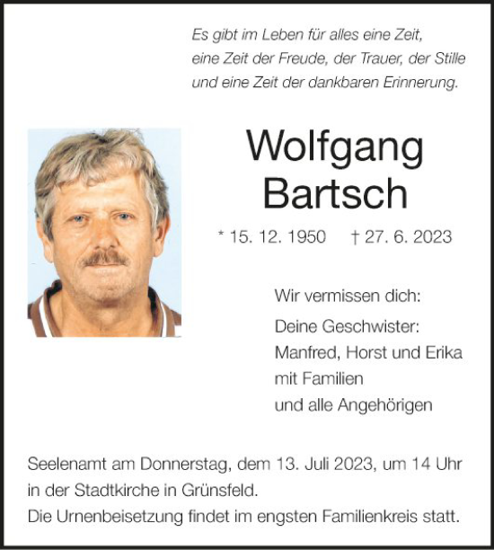 Traueranzeige von Wolfgang Bartsch von Fränkische Nachrichten