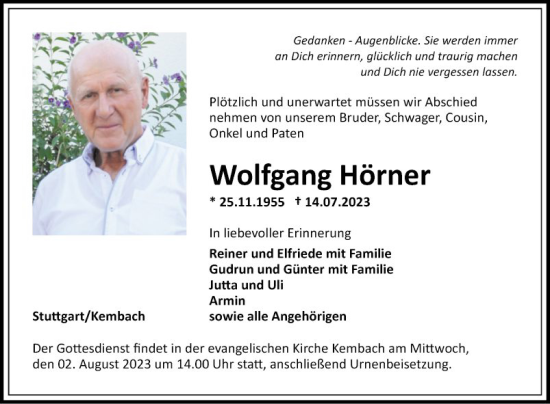 Traueranzeige von Wolfgang Hörner von Fränkische Nachrichten