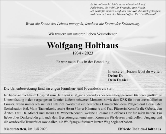 Traueranzeige von Wolfgang Holthaus von Fränkische Nachrichten