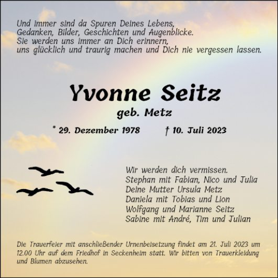 Traueranzeige von Yvonne Seitz von Mannheimer Morgen