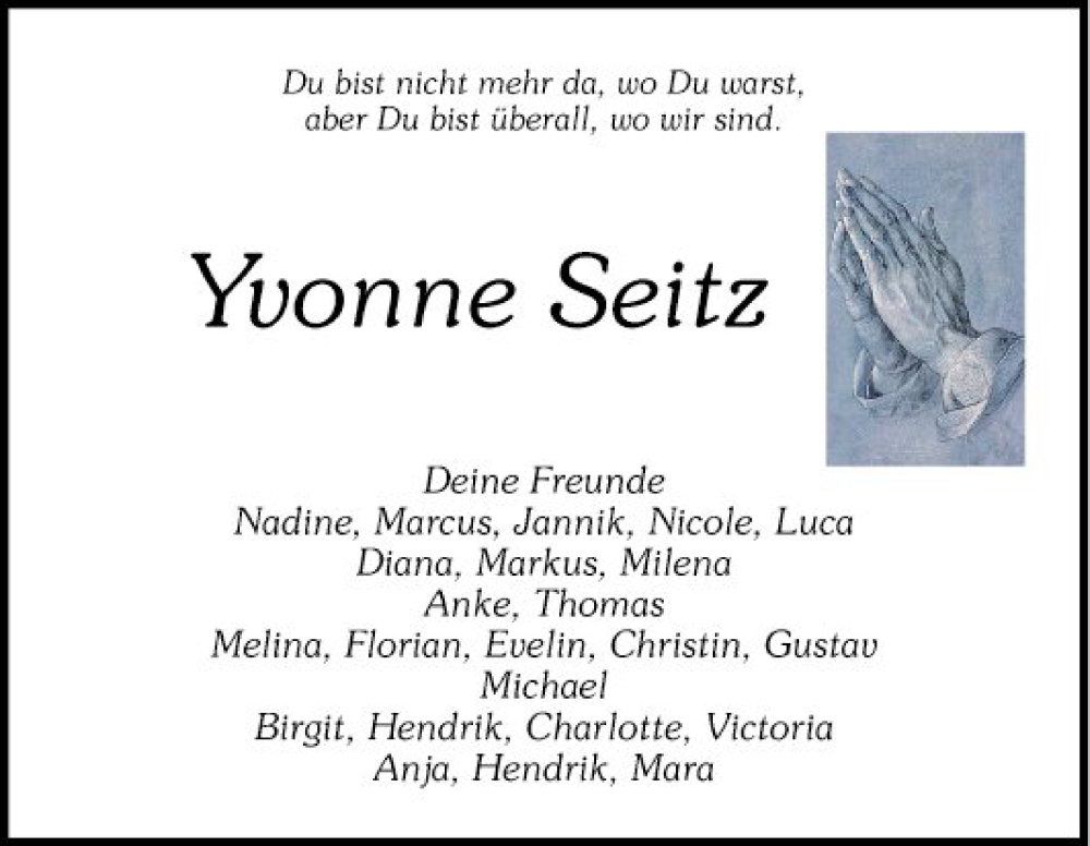  Traueranzeige für Yvonne Seitz vom 15.07.2023 aus Mannheimer Morgen