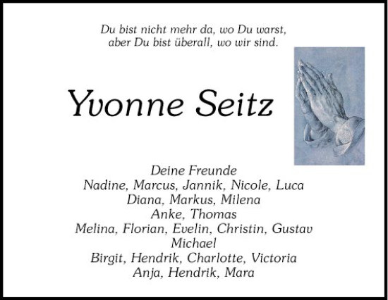 Traueranzeige von Yvonne Seitz von Mannheimer Morgen