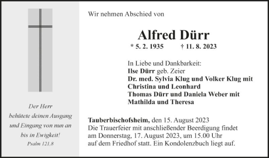 Traueranzeige von Alfred Dürr von Fränkische Nachrichten