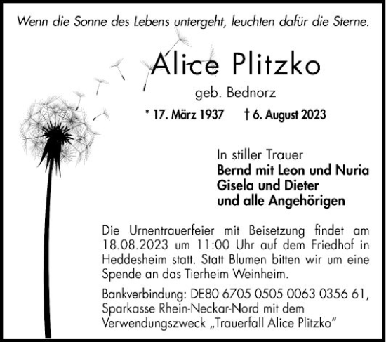 Traueranzeige von Alice Plitzko von Mannheimer Morgen