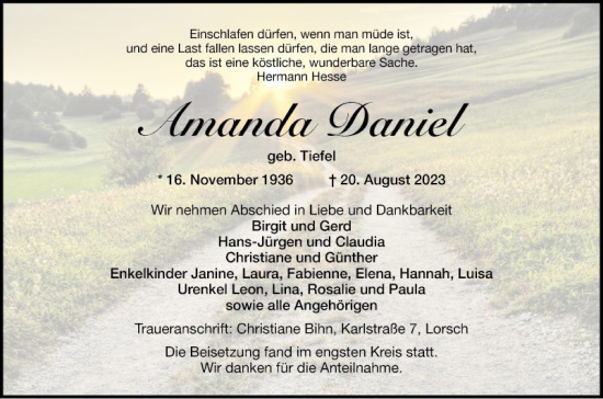 Traueranzeige von Amanda Daniel von Bergsträßer Anzeiger