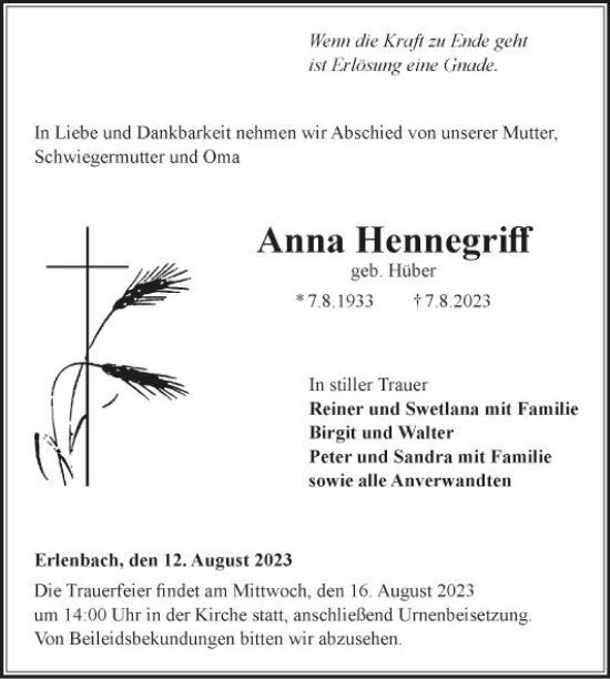 Traueranzeige von Anna Hennegriff von Fränkische Nachrichten