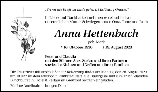 Traueranzeige von Anna Hettenbach von Mannheimer Morgen