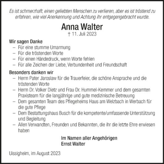 Traueranzeige von Anna Walter von Fränkische Nachrichten