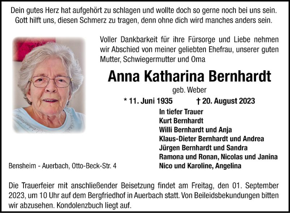  Traueranzeige für Anna Katharina Bernhardt vom 26.08.2023 aus Bergsträßer Anzeiger