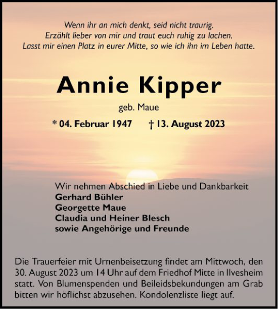 Traueranzeige von Annie Kipper von Mannheimer Morgen