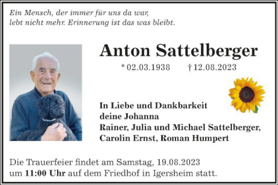 Traueranzeige von Anton Sattelberger von Fränkische Nachrichten