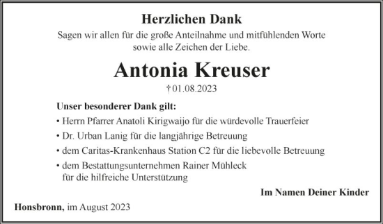 Traueranzeige von Antonia Kreuser von Fränkische Nachrichten