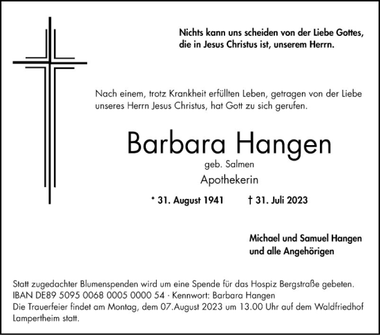 Traueranzeige von Barbara Hangen von Mannheimer Morgen