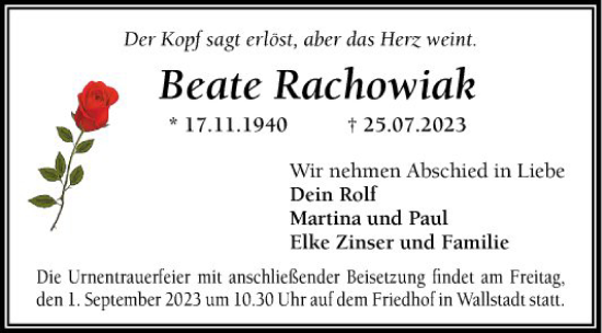 Traueranzeige von Beate Racliowiak von Mannheimer Morgen