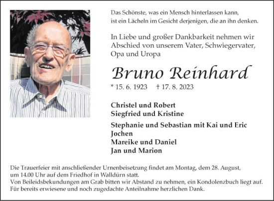 Traueranzeige von Bruno Reinhard von Fränkische Nachrichten