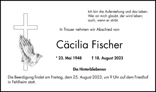 Traueranzeige von Cäcilia Fischer von Bergsträßer Anzeiger