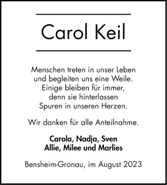 Traueranzeige von Carol Keil von Bergsträßer Anzeiger