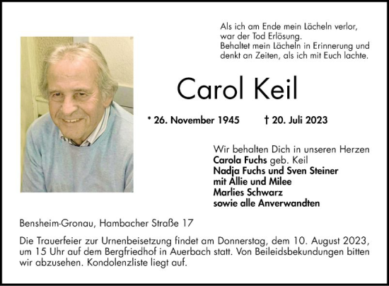 Traueranzeige von Carol Keil von Bergsträßer Anzeiger