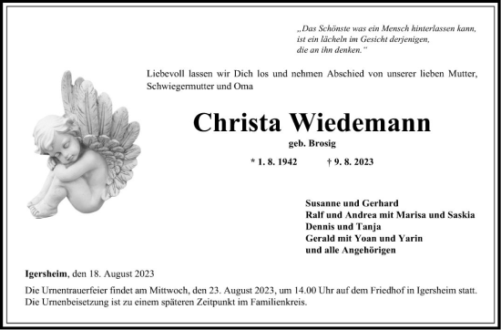 Traueranzeige von Christa Wiedemann von Fränkische Nachrichten