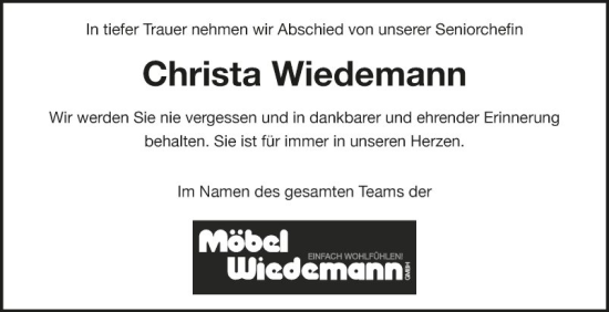 Traueranzeige von Christa Wiedemann von Fränkische Nachrichten