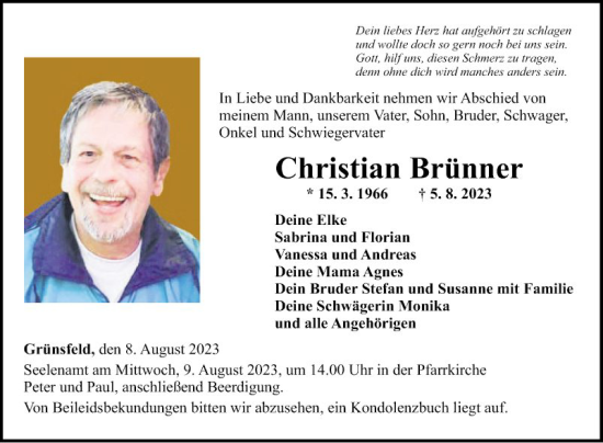 Traueranzeige von Christian Brünner von Fränkische Nachrichten