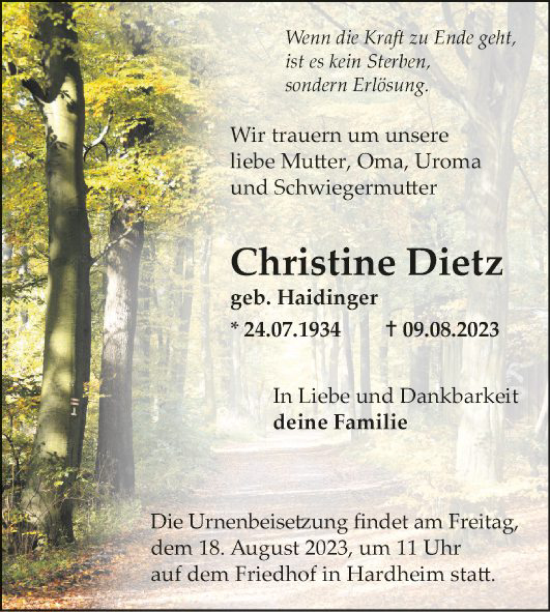 Traueranzeige von Christine Dietz von Fränkische Nachrichten