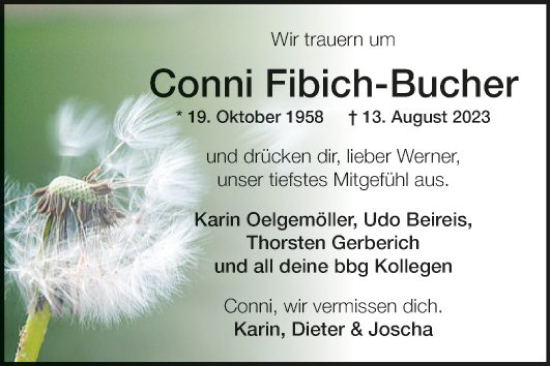 Traueranzeige von Conni Fibich-Bucher von Fränkische Nachrichten