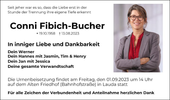 Traueranzeige von Conni Fibich-Bucher von Fränkische Nachrichten