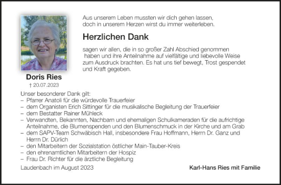 Traueranzeige von Dorothea Ries von Fränkische Nachrichten