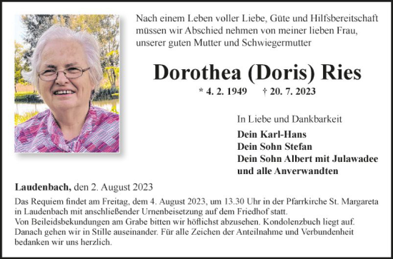 Traueranzeige von Dorothea Ries von Fränkische Nachrichten