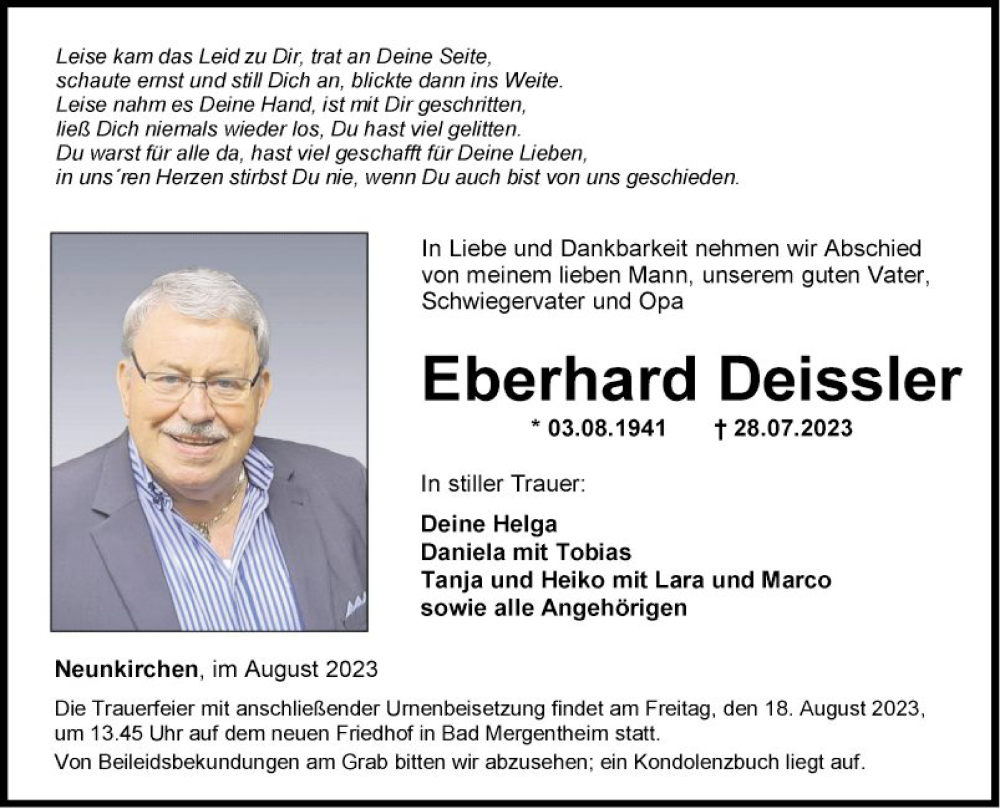  Traueranzeige für Eberhard Deissler vom 15.08.2023 aus Fränkische Nachrichten