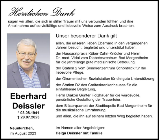 Traueranzeige von Eberhard Deissler von Fränkische Nachrichten