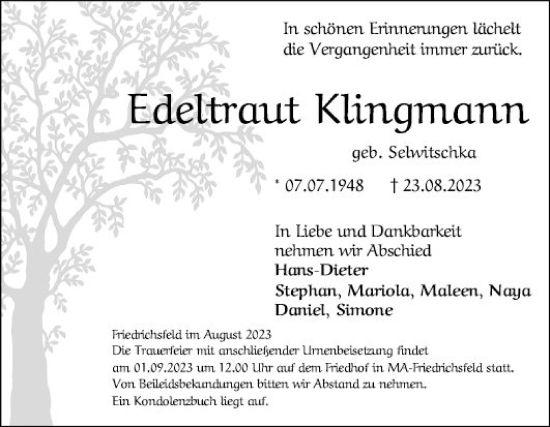 Traueranzeige von Edeltraud Klingmann von Mannheimer Morgen